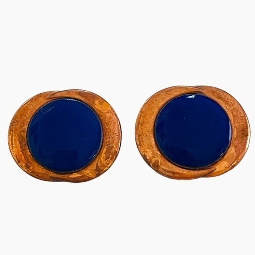 Antique Copper Blue Glass Button Clip On Earrings 1.25" Signed Genuine Copper - Picture 5 of 8